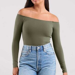 nuuds Olive Green Off The Shoulder Bodysuit, Womens XL